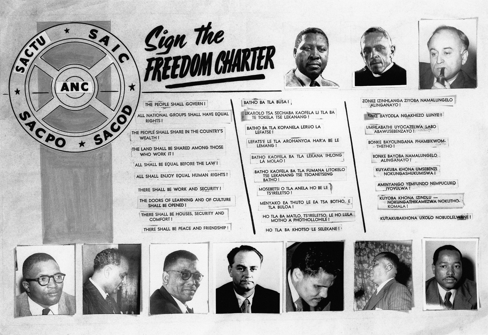<p>The Congress of the People, a mass gathering of progressive organisations from across the country, adopts the Freedom Charter. The apartheid state responds by arresting 156 leaders in 1956 and trying them for high treason. By 1961, all 156 will have been acquitted.</p>